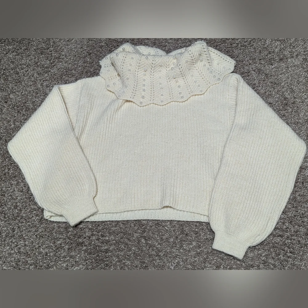 Zara Faux Pearl Sweater Big Collar Velvet Bow Top Cream Small - Picture 6 of 9